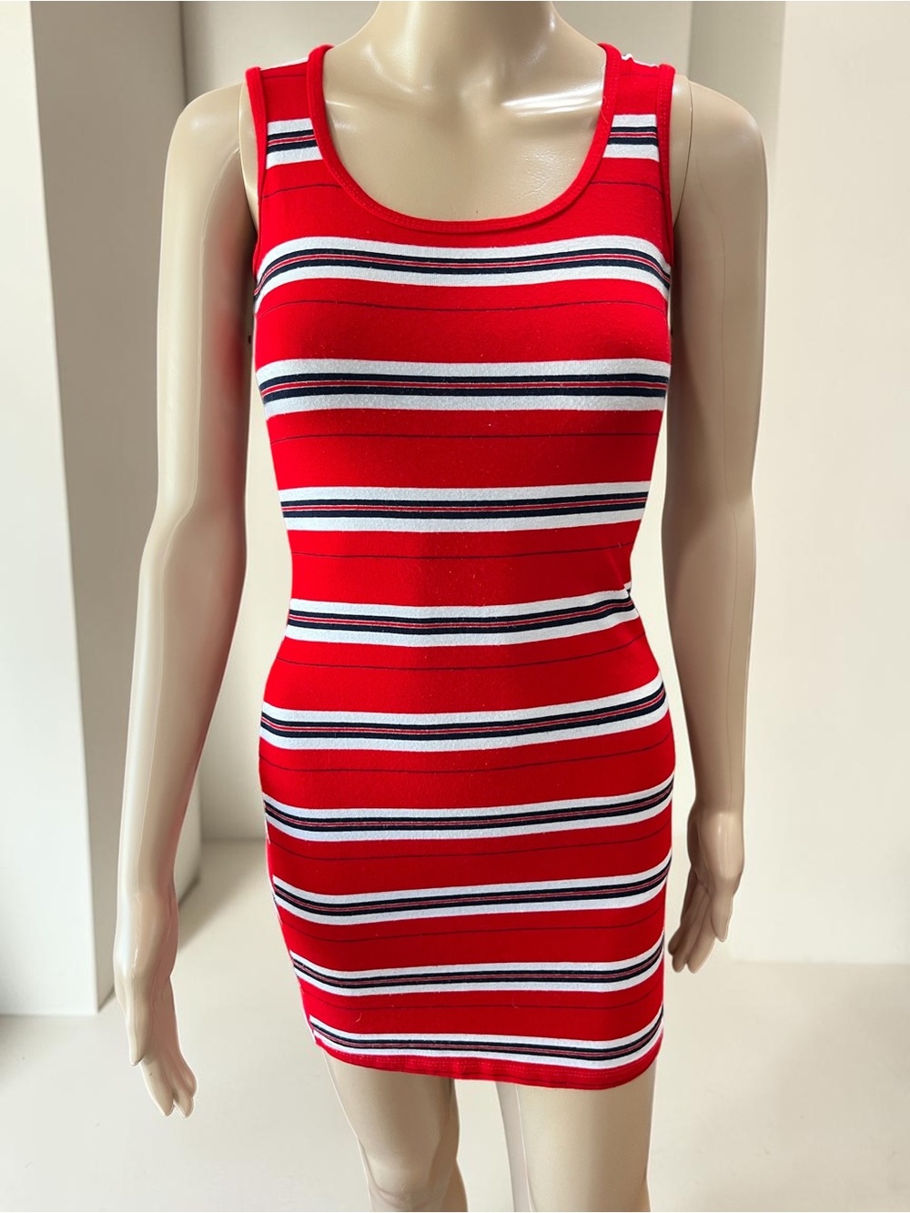 Vintage 90s Y2K Rave City Striped Bodycon Mini Dress Red White Blue-Sm/Med